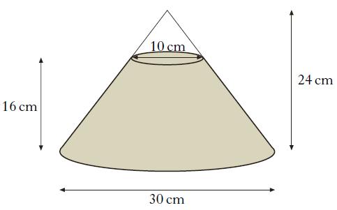 17. A glass ornament in the shape of a cone is partly filled with coloured water. The cone is 24 cm high and has a base of diameter 30 cm.