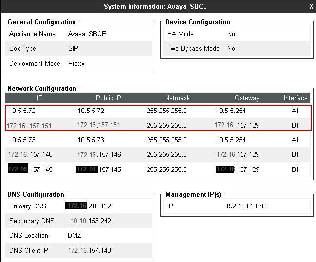 Note that the management IP address needs to be on a subnet separate from the ones used in all other interfaces of the Avaya SBCE, segmented from all VoIP traffic.
