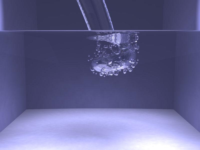 Figure 1: Trapped air. Air bubbles are generated on the fly in regions of high velocity differences. The bubble flow is significantly influenced by the liquid. Bubbles are merging and deforming.