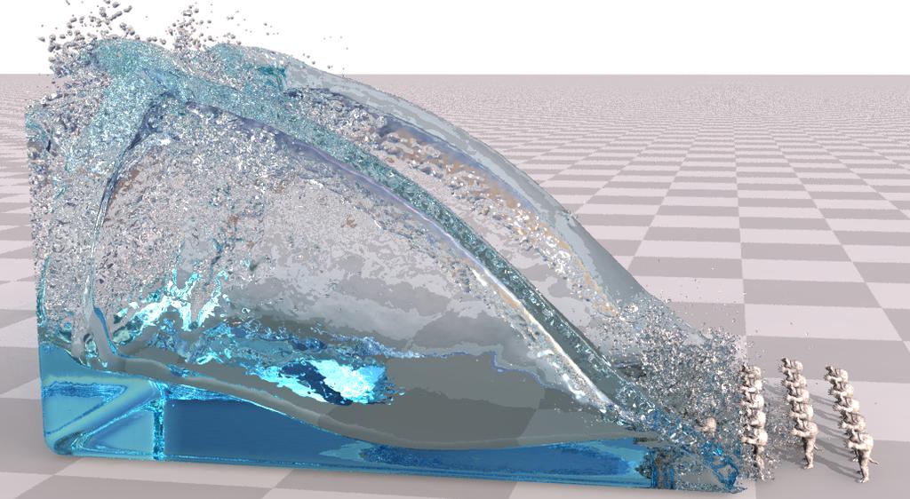 Figure 9: Benchmark scenario with a dragon obstacle. Figure 7: Comparison of frictionless fluid simulations inside rotating spheres with sampled (left) and implicit boundary (right).