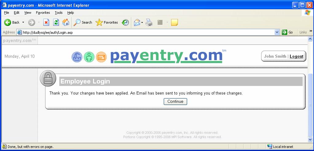 A confirmation screen informing the employee that the changes have been made and that an email message was sent telling them