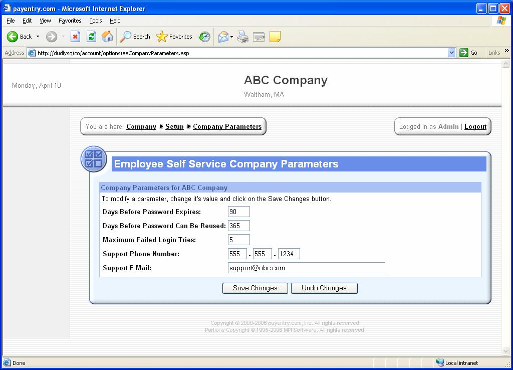 Employee Self Service Company Parameters This is a new page in the Company application. It allows the setting up of company parameters.