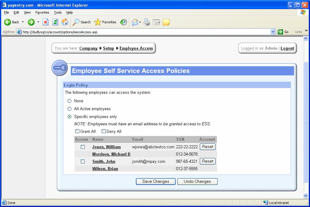 Employee Self Service Access Page This page in the Company application has been changed in the way it allows specific employees from a company to be granted or denied access to ESS.