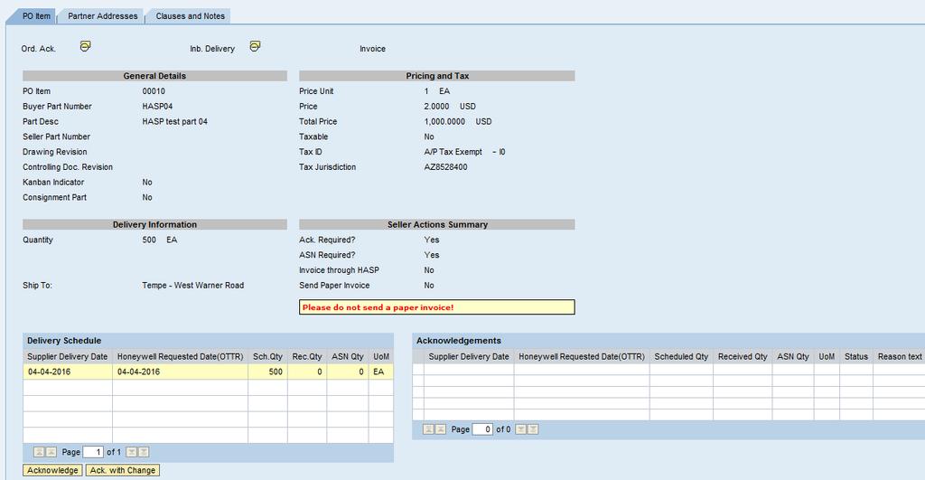 Review PO Line Item Details 12 Status View live Order acknowledgement status and Inbound Delivery Status (ASNxCarrier) Clauses and Notes Displays any line item text and any flow down (i.e. DPAS, SPOCs, etc.