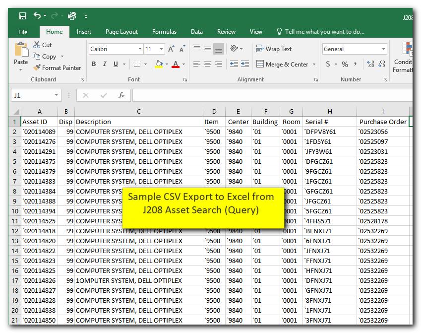 This is a sample list exported from Excel. All assets will appear including active, missing, stolen, and retired assets.