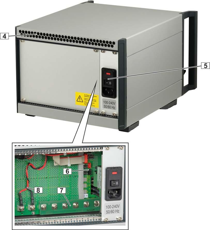 Figure : Rear View 4 Air Outlet 7 Power Bar 5 AC mains/line module 8