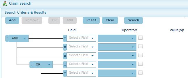 Fill in the first search criteria row as follows: Dropdown Action Field Select Claimant Name (Clmt Name) from the dropdown.