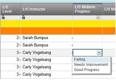 Updating the Sheet Midterm Grades: The midterm progress columns are formatted as drop-down menus with the following options: Failing, Needs Improvement, and Good Progress.