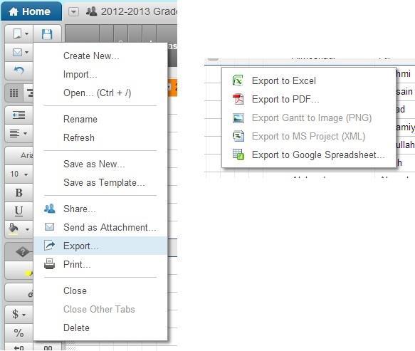 Export: By clicking on the paper icon in the top left corner of the formatting side bar, the whole