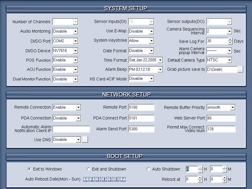 Chapter2 Local setup The DVR System Configuration and Setup include 7 types configuration setup: System setup Camera setup Sensor setup PTZ & linkage setup Email & SMS
