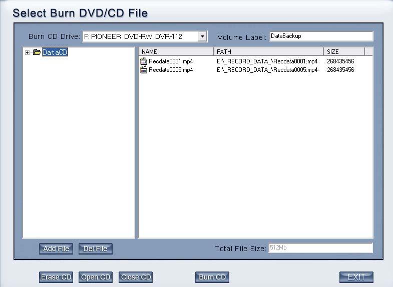 end time. d. Capture a picture. e. Burn CD Copy the file player in the Save path. :Add selected file :Delete selected file Burn CD drive Select CD-ROM driver. Volume label Set the CD s label.