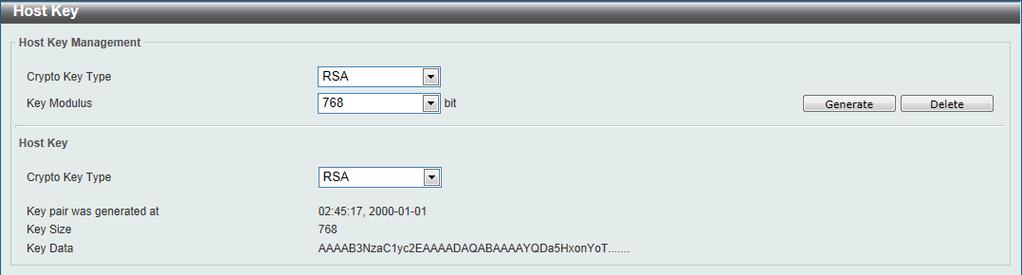 Figure 9-87 Host Key window The fields that can be configured for Host Key Management are described below: Crypto Key Type Select the crypto key type used here.