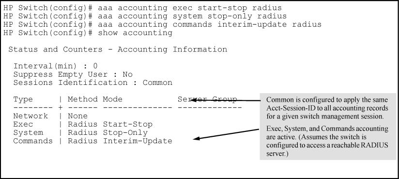 To configure RADIUS accounting on the switch with start-stop for Exec functions, stop-only for system functions, and interim-update for commands functions.