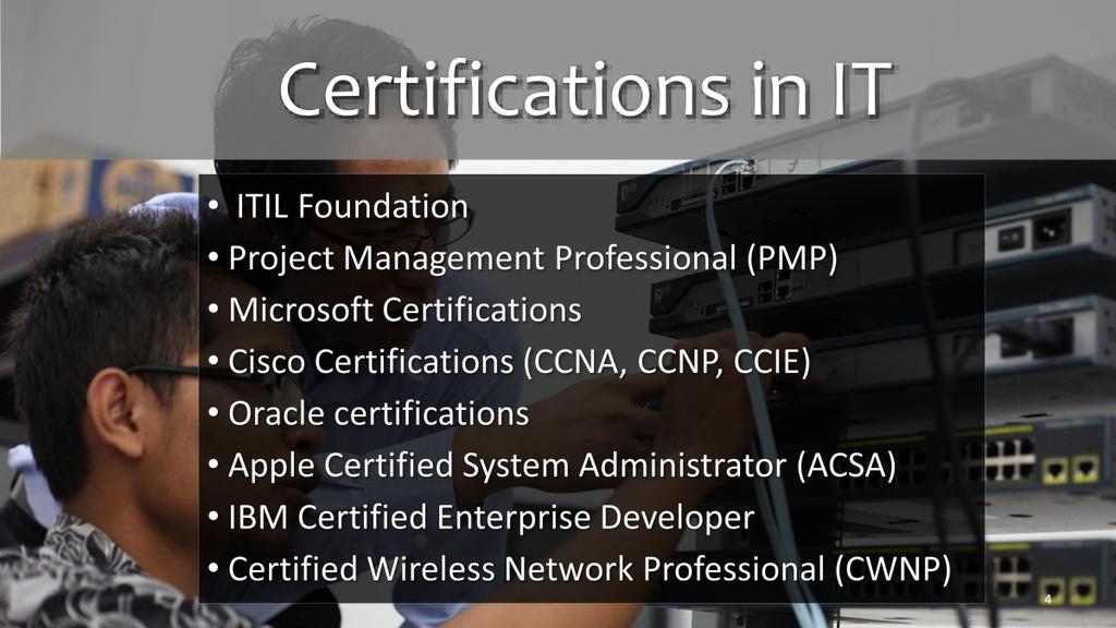 If you want to work in the Information Technology field, getting professional certification is a good way to advance your career.