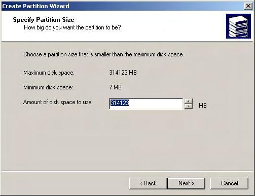 7. Specify the partition size you want to create,