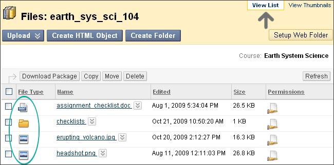 Viewing Files and Folders in Course Files The default view of the files and folders in Course Files is a list with standard small icons in the File Type column. Figure 1.