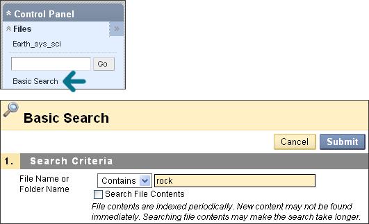 Working with Files and Folders in Course Files: Searching Files and Folders in Course Files Alternatively, click Basic Search under the text box to open the Basic Search page in the content frame.