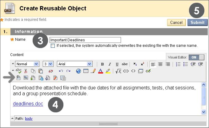 Creating and Linking to Content in Course Files: Creating HTML Objects in Course Files 3. On the Create HTML Object page, type a Name. This will also be the file s name in Course Files. Figure 1.2 4.