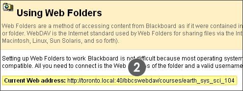 In Course Files, click Setup Web Folder on the Action Bar of the top level folder. Starting from this location ensures WebDAV access to all folders contained in Course Files.