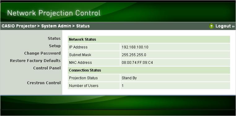 4. Click the [Login] button. This logs in to the System Admin page and displays the Status screen.