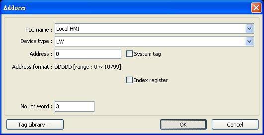 10.3. Read Address Click (Setting) to select the (PLC name), (Address), (Device type), (System tag), (Index register) of the word device that displays characters.
