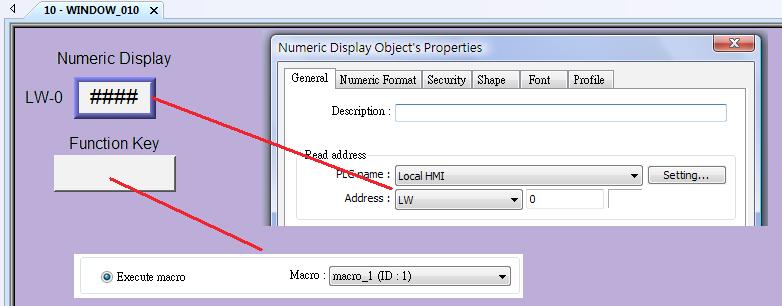 Secondly, add a (Numeric Display) object and a (Function Key) object