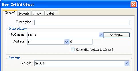3. In PC project: www.weg.net Create a Set Bit Object, select HMI A in (PLC name) to control the address of the remote HMI A. Same for the HMI B.