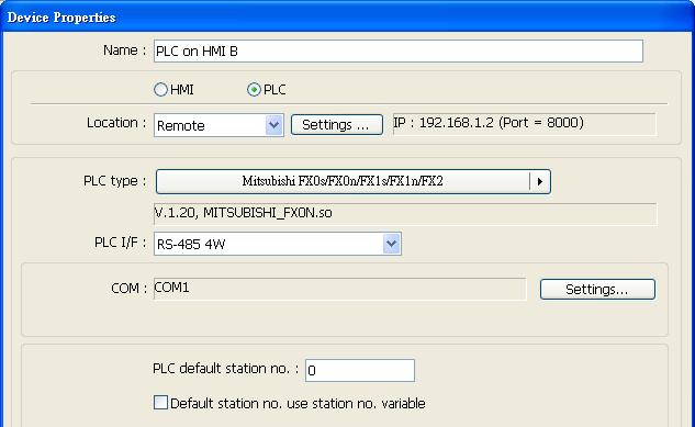 to COM 1of HMI B. When using PC or HMI A to read PLC data, the settings of PC or HMI A project is shown below: 1. Set the IP address of HMI B, i.e.: 192.168.1.2. 2.