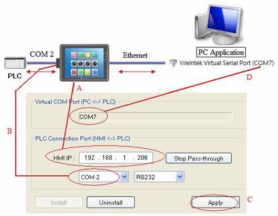 function. Step 1 Set the IP address of the HMI connected with PLC. For example, HMI IP is 192.168.1.206 Step 2 Set the serial port that connects HMI with PLC.