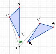 43 Rotations In order to rotate a shape, 3 pieces of information are required: the centre of rotation - the direction of rotation - the angle of rotation Example - Rotate triangle ABC through 60 deg.