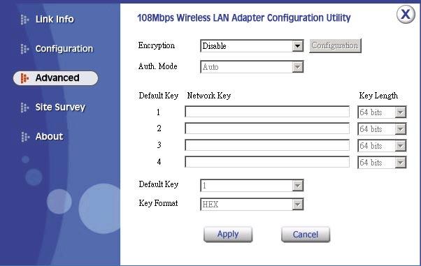III. Advanced In the Advanced page you can configure advanced settings for the NP642 wireless PCI Card Field Encryption: Description There are four options available: Disable (WEP), Enable (WEP), WPA