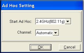 4. Click Initiate Ad-Hoc. The Ad-Hoc Setting dialog box will appear, as shown below. Figure 4-4: Ad-Hoc Setting page a. The supported wireless standard is 802.