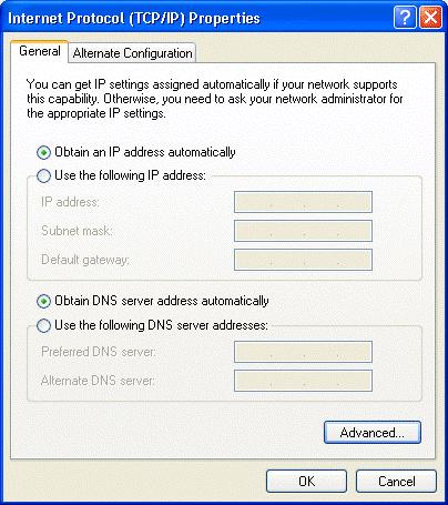 Verify that Obtain an IP address automatically radio button is selected and that the Obtain DNS server address automatically radio button is selected. Click the OK button.