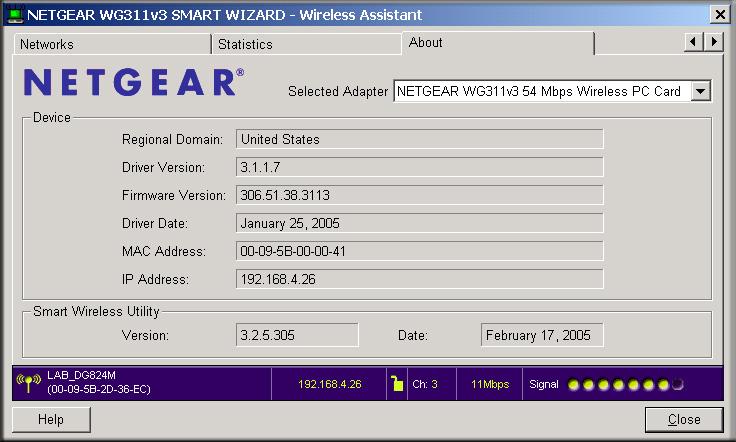 About Page The About page displays important information about the NETGEAR 54 Mbps Wireless PCI Adapter WG311 v3.
