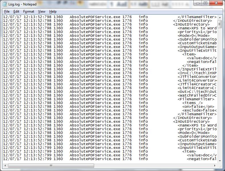 Figure 16: Viewing the lg file (step 2/2) Each lg file cntains PDFServer.cfg at its beginning, i.e. the exact cnfiguratin used t start the server as well as infrmatin n which server mdules had been started.
