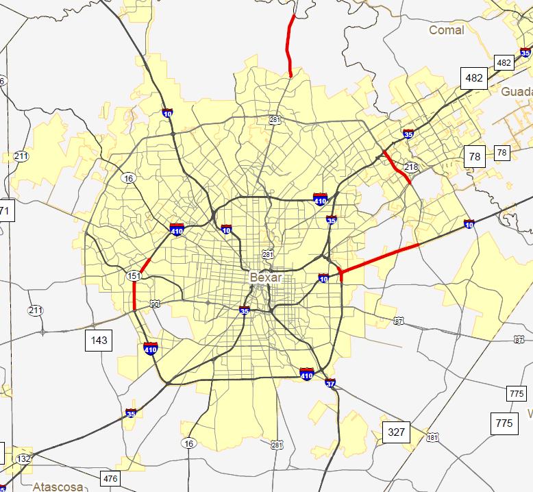 Texas Clear Lanes : Project Selection San Antonio (2017 UTP March Update) $60M to expand IH 10 east of San Antonio from 4 lanes to a 6-lane expressway $91M to add