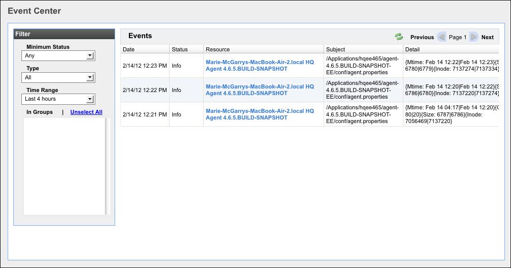 The Event Center screenshot below lists configuration events for a server type managed by a plugin that uses polling-based tracking.
