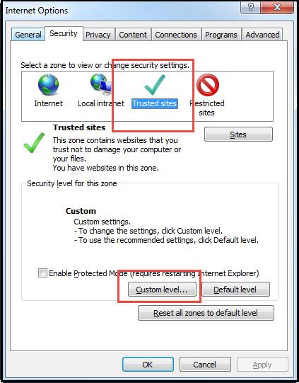 level..." button Select "Trusted sites" from "Select a zone to view or change security settings" window, then click on "Sites" button.