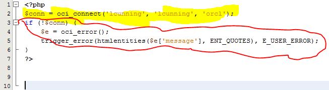 The connection Yellow is the actual OCI connection string (username, password and database) The code circled in red just