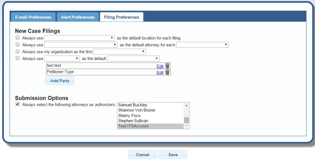 FILING PREFERENCES 9 0 2 2a 2b 3 This section provides the ability to preset attorney information and party type defaults so the information on the party screen pre-populates when filing a new case.