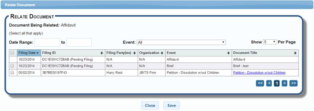 3a 3b 3 4 3. A Relate Document table displays listing all case filing events. Click the checkbox to relate an item. a. Filter the table from the filing date. Click in the date range boxes to select.