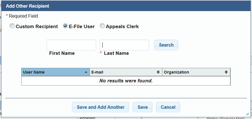 f g h i For an e-file user: f. Click the E-file User radio button. g. Enter the user s last name and press Search.
