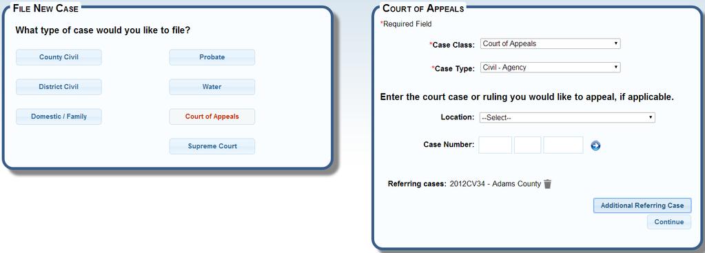 FILE A NEW CASE BUILD FILING. Select the Type of appeal you would like to file. 2 3 4 5 6 2. Click the arrow in the drop down list to display a list of choices. Highlight to select a Case Class. a. Court of Appeals defaults as there is only one case class.