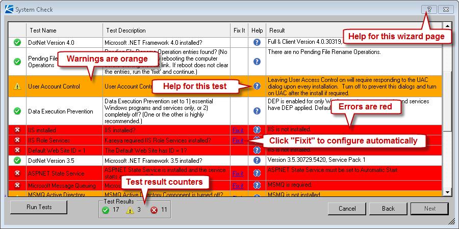 A Halt Tests button displays while System Check is running. You can click Halt Tests to review tested row results immediately. Red rows must be fixed to continue with the install.