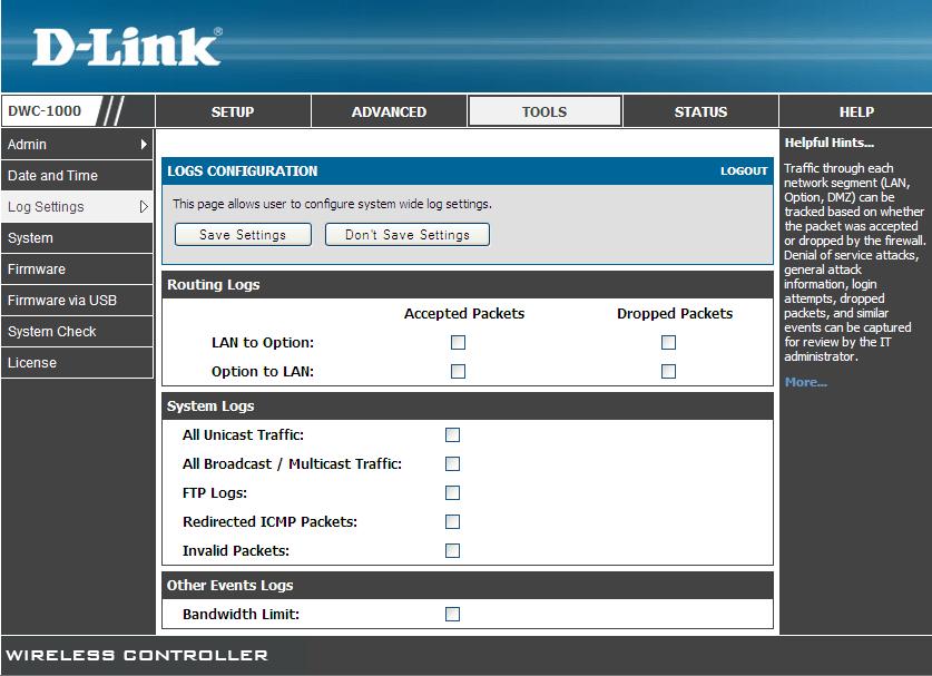 Troubleshooting Tracking Traffic TOOLS > Log Settings > Logs Configuration The LOGS CONFIGURATION page lets you select the type of traffic passing through the wireless controller that you want to log
