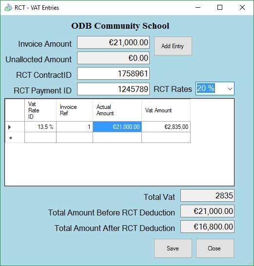 In order to add the VAT Element of this transaction select Add Entry, select the rate of VAT in the amount field enter