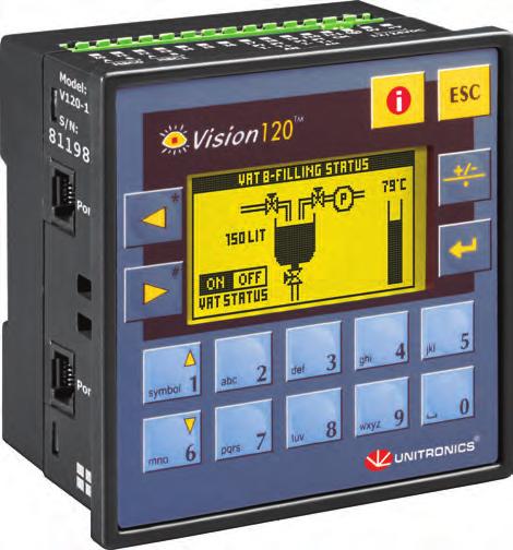 0 TM Full-function PLC with built-in, monochrome graphic LCD display, keypad, & onboard I/O configuration; expand up to 256 I/Os Features: HMI Up to 255 user-designed screens Hundreds of images per