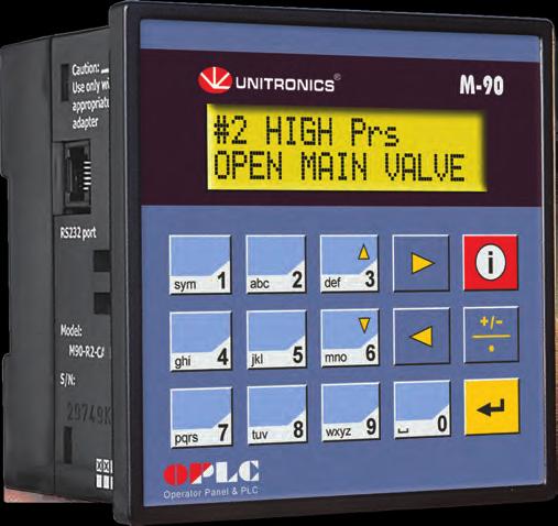 M91 TM An affordable All-in-One: a smart PLC with a textual HMI and keyboard, plus an onboard I/O configuration; expand up to 150 I/Os Features: HMI Up to 80 user-designed screens Multilingual: