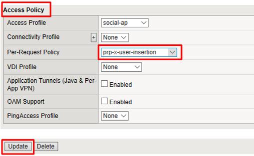 2. Scroll to the Access Policy section of the Virtual Server and select prp-x-user-insertion from the Per-Request Policy drop down.