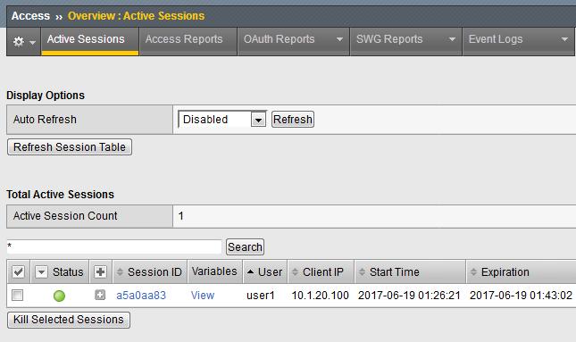 Verify defined user has an Access Session ID Browse to Access > Overview > Active Sessions Test